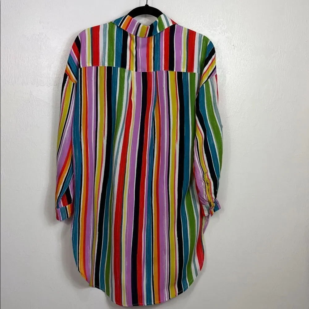 Anne Cole Colorful Striped Tunic Shirt Cover-Up Button Front Size XS